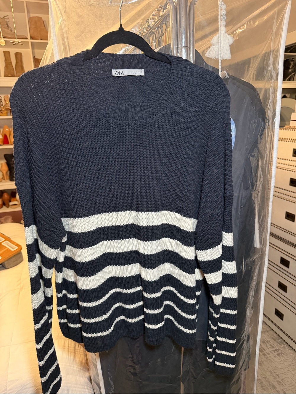 Zara Navy and White Striped Crewneck Knit Sweater